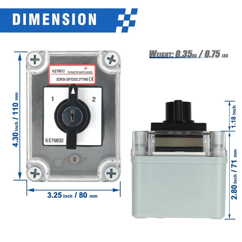 Keymoo 20A Rotary Changeover Switch with Key Lock, 660V 3 Position 2 Phase 8 Terminals, 2-Way 2NO 2NC, Universal Selector Switch with Waterproof Enclosure (3 Positions 2 Poles w/Key) - Image 2